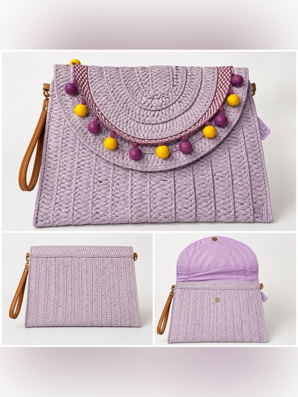 Boutique Lavender & Lemon Woven Envelope Clutch Crossbody Beaded Boho Purse